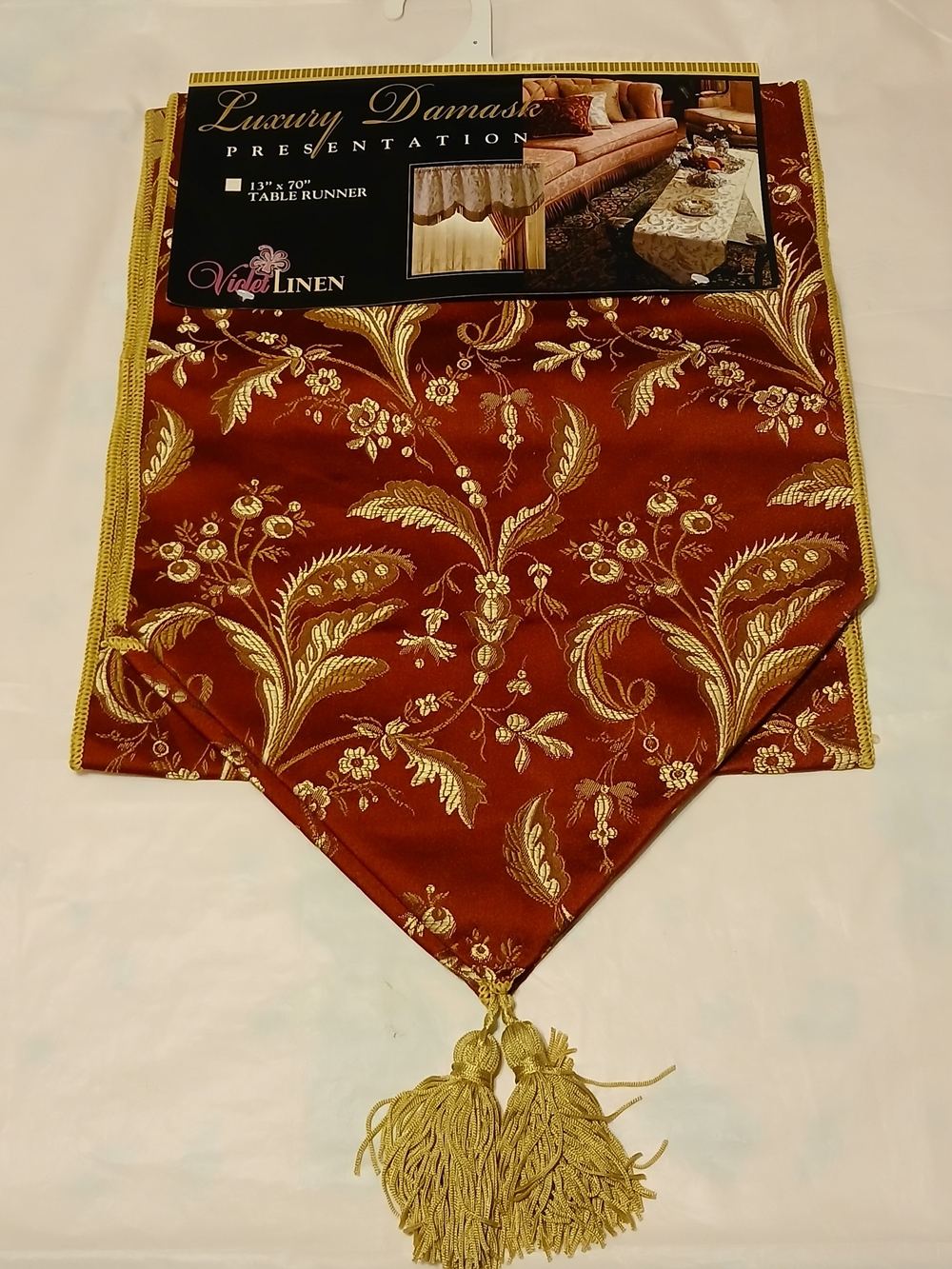 Violet Linen Luxury Damask Red and Gold Table Runner